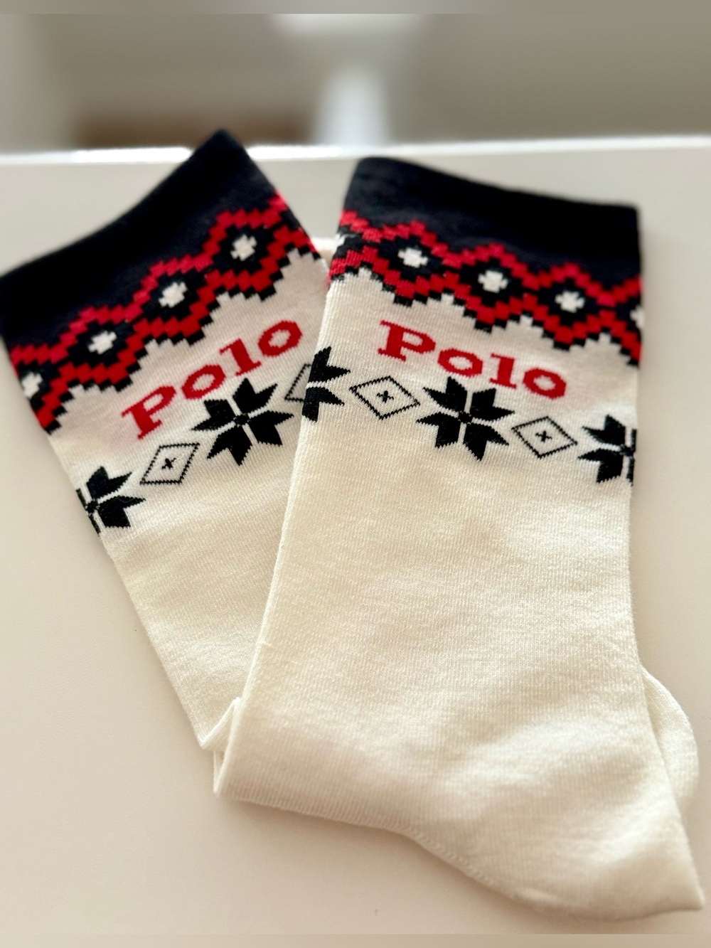 NWT | Polo by Ralph Lauren Cream, Red & Black Patterned Crew Socks | Size 9–11